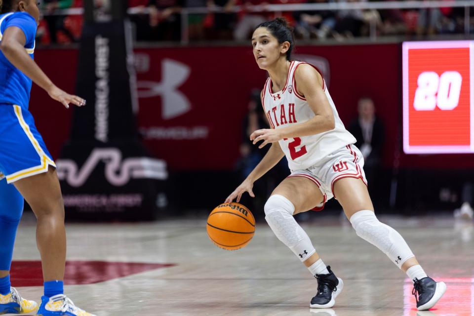Utah Utes guard Inês Vieira (2) dribbles the ball during a game against the UCLA Bruins at the Huntsman Center in Salt Lake City on Jan. 22, 2024. The Utes won during overtime 94-81. | Marielle Scott, Deseret News