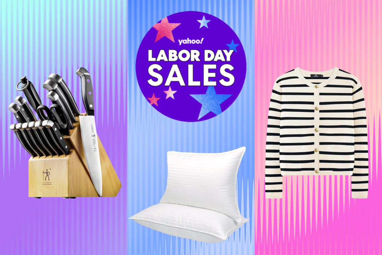 Henckels knife set, Cozsinoor pillows, striped cardigan and a badge that reads Yahoo! Labor Day Sales