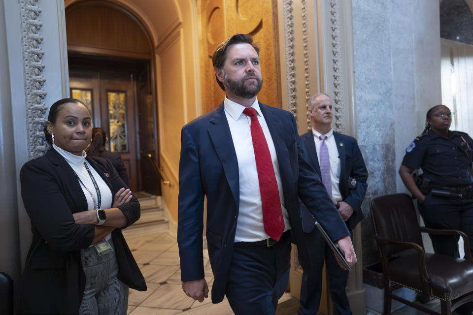 Sen. J.D. Vance, R-Ohio, arrives as the Senate prepares to advance the $95 billion aid package for Ukraine, Israel and Taiwan passed by the House, at the Capitol in Washington, Tuesday, April 23, 2024. Sen. Vance has said he is against the aid package. (AP Photo/J. Scott Applewhite)