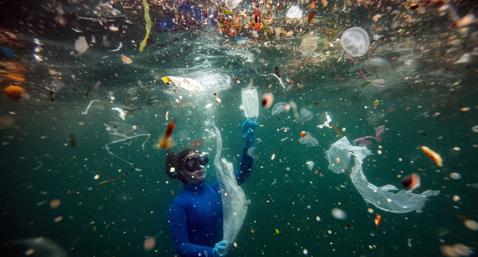 Diver looks at pieces of plastic floating in the ocean. Source: Getty Images