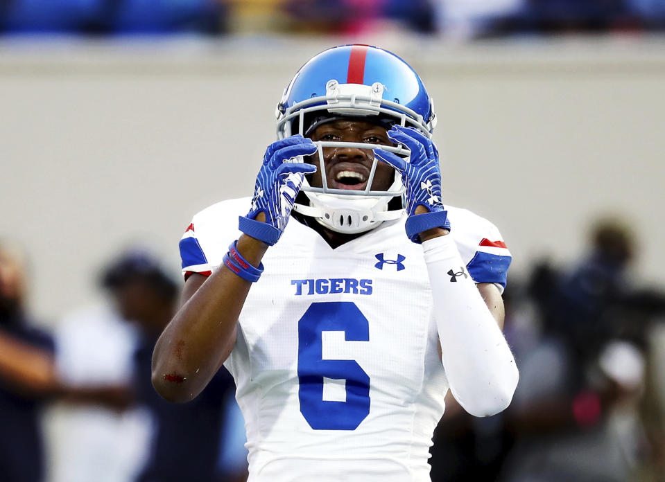 Tennessee State safety Josh Green reacts to a pass interference call during the Southern Heritage Classic NCAA college football game against Jackson State in Memphis, Tenn., Saturday, Sept. 11, 2021. (Patrick Lantri/Daily Memphian via AP)