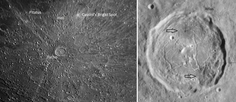 Left panel: The intense bright spot at the upper right is Cassini's Bright Spot, a feature so prominent that some people can see it with unaided eyes. The circular crater to its left is named Hell. The large crater near the bottom is Tycho. The dark crater at top left is Pitatus. Right panel: This composite image of the crater Atlas, taken in 1967 by the Lunar Orbiter 4 spacecraft, shows two dark patches inside the crater, toward the top and to the lower right. Most apparent during full moons, the spots are thought to be pyroclastic ash deposited by volcanic eruptions after the crater was formed. <cite>NASA/<a href="https://commons.wikimedia.org/wiki/File:Atlas_crater_4079_h2_4079_h3.jpg" rel="nofollow noopener" target="_blank" data-ylk="slk:Wikimedia Commons;elm:context_link;itc:0;sec:content-canvas" class="link ">Wikimedia Commons</a> and <a href="http://www.madpc.co.uk/~peterl/Moon/Craters/Tycho.html" rel="nofollow noopener" target="_blank" data-ylk="slk:Peter Lloyd;elm:context_link;itc:0;sec:content-canvas" class="link ">Peter Lloyd</a>, used with permission</cite>