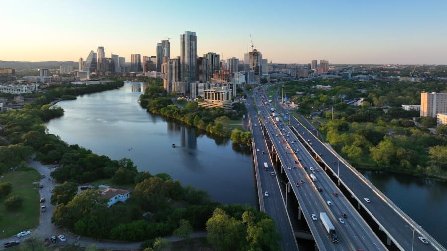 <em>In an aerial view, the downtown skyline is seen on April 11, 2023, in Austin, Texas.</em> (Photo by Brandon Bell/Getty Images)