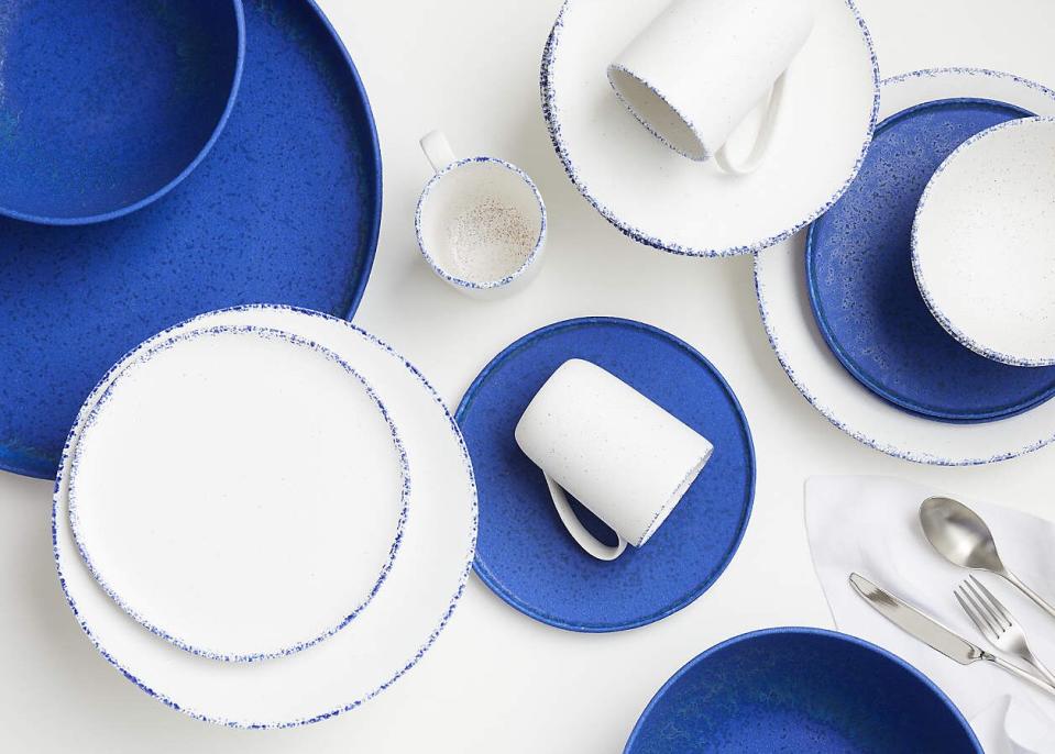 Crate & Barrel Pomona 16-Piece White Dinnerware with Blue Rims