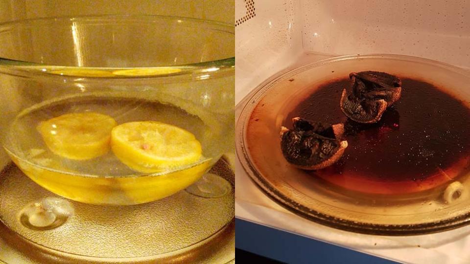 (left) lemons sit in bowl of water cleaning hack for microwaves. (right) burnt lemons and juice dirty microwave hack fail