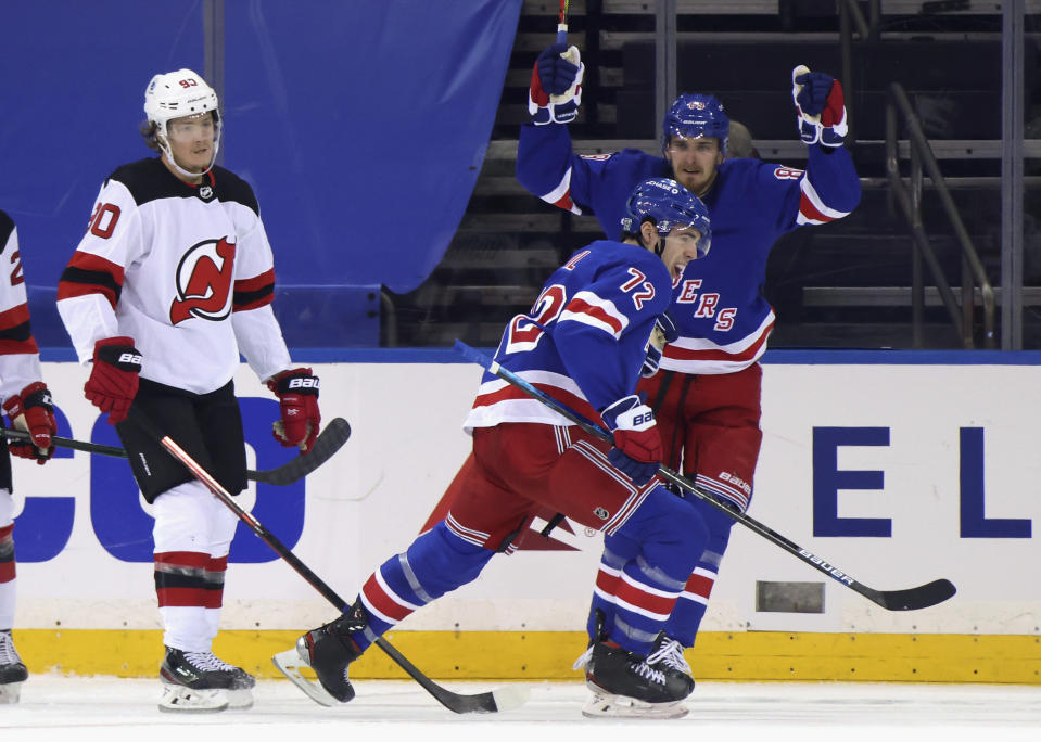 New York Rangers' Filip Chytil celebrates his third-period goal against the New Jersey Devils in an NHL hockey game Tuesday, Jan. 19, 2021, in New York. (Bruce Bennett/Pool Photo via AP)