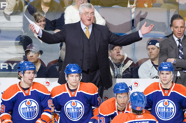 EDMONTON, AB - MARCH 7: Pat Quinn waits for an explanation from a referee as his Edmonton Oilers play the New Jersey Devils at Rexall Place on March 7, 2010 in Edmonton, Alberta, Canada. The Oilers shut out the Devils by a score of 2-0. (Photo by Andy Devlin/NHLI via Getty Images)