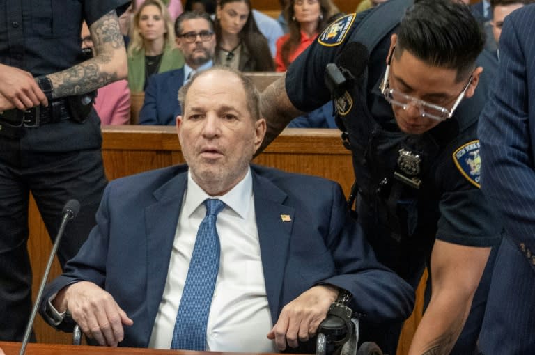 Harvey Weinstein was visibly frail as he was wheeled into a Manhattan courtroom flanked by his lawyer (Steven Hirsch)