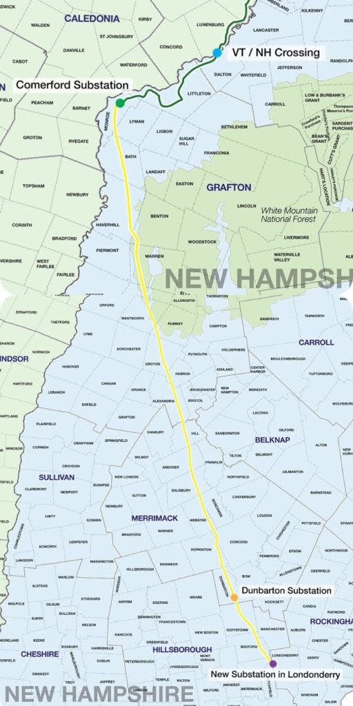 A map shows where the Twin States Clean Energy Link transmission project would cross into New Hampshire from Vermont and run down the state to Londonderry. Yellow is the existing overhead transmission corridor while green is underground cable along state roads.