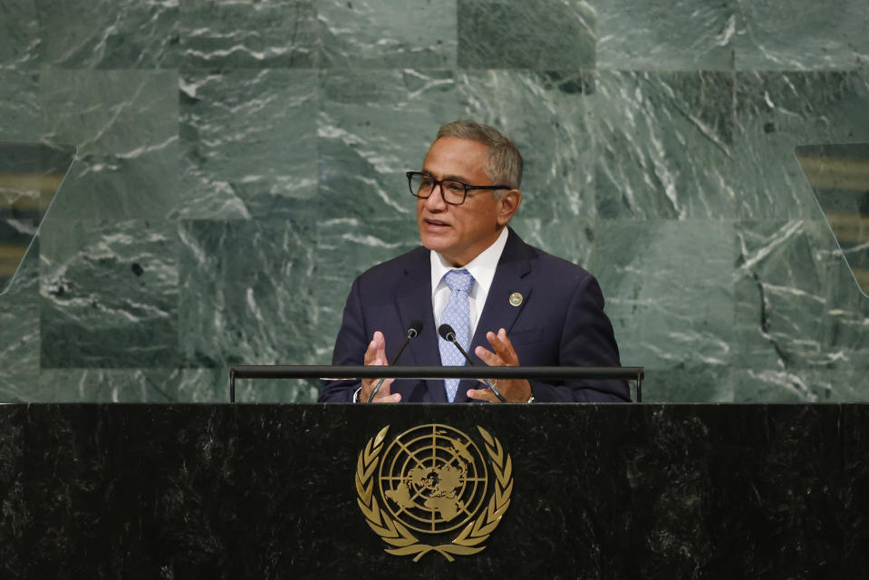 Prime Minister of Belize John Briceno addresses the 77th session of the United Nations General Assembly at U.N. headquarters, Friday, Sept. 23, 2022. (AP Photo/Jason DeCrow)
