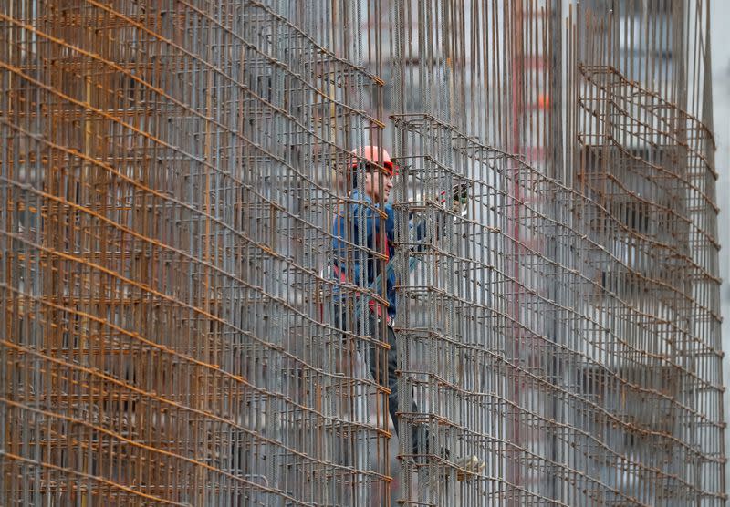 A worker is seen on a construction site after resuming work following loosened lockdown restrictions amid the coronavirus disease (COVID-19) outbreak in Moscow