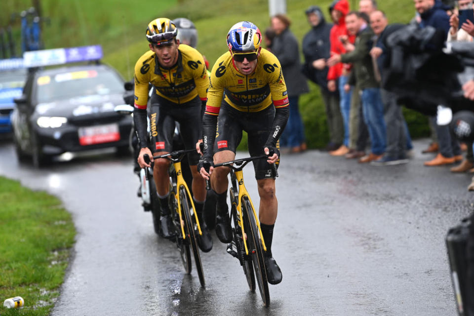 WEVELGEM BELGIUM  MARCH 26 LR Christophe Laporte of France and Wout Van Aert of Belgium and Team JumboVisma compete in the breakaway during the 85th GentWevelgem in Flanders Fields 2023 Mens Elite a 2609km one day race from Ypres to Wevelgem  UCIWT  on March 26 2023 in Wevelgem Belgium Photo by Tim de WaeleGetty Images