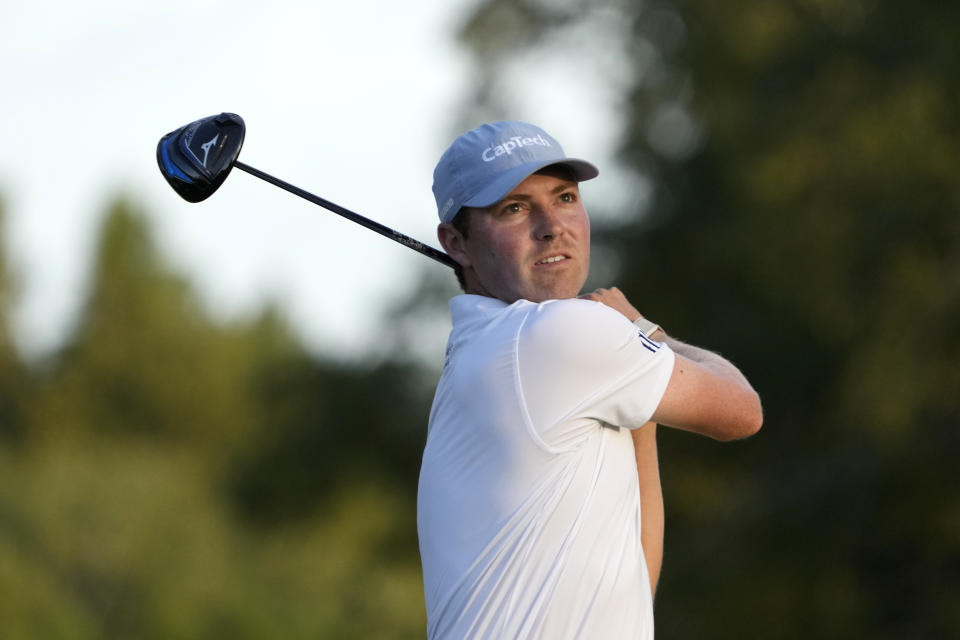 Ben Griffin watches his drive on the 18th tee box during the second round of the Sanderson Farms Championship golf tournament in Jackson, Miss., Friday, Oct. 6, 2023. (AP Photo Rogelio V. Solis)