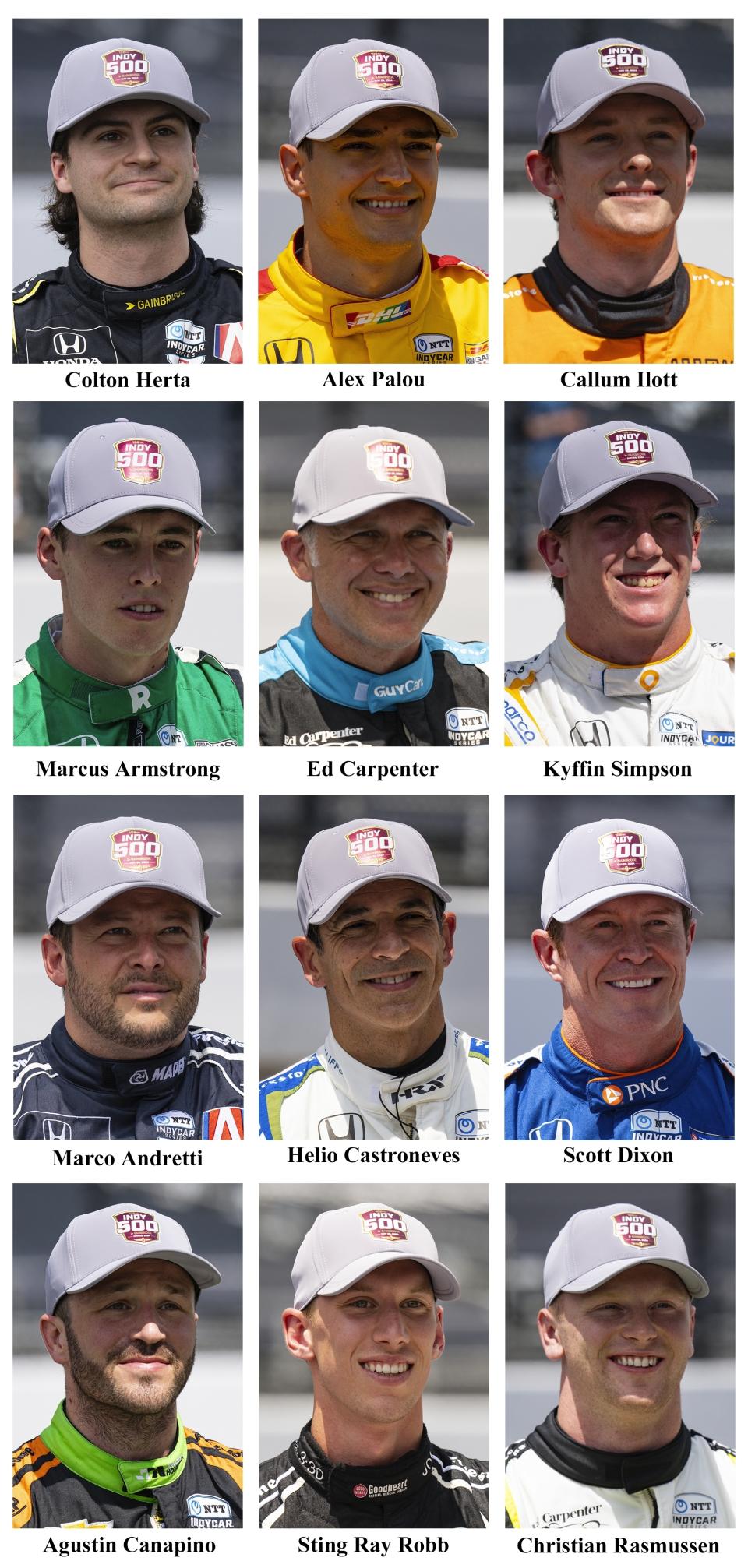 Drivers in the starting field for the May 26 Indianapolis 500 IndyCar auto race are shown after they qualified at the Indianapolis Motor Speedway in Indianapolis, Saturday, May 18, 2024. Fifth row; Colton Herta; Alex Palou, of Spain; Callum Ilott, of England,. Sixth row: Marcus Armstrong, of New Zealand; Ed Carpenter; Kyffin Simpson. Seventh row Marco Andretti; Helio Castroneves, of Brazil; Scott Dixon, of New Zealand. Eighth row: Agustin Canapino, of Argentina; Sting Ray Robb; Christian Rasmussen, of Denmark. (AP Photo/Dave Parker)