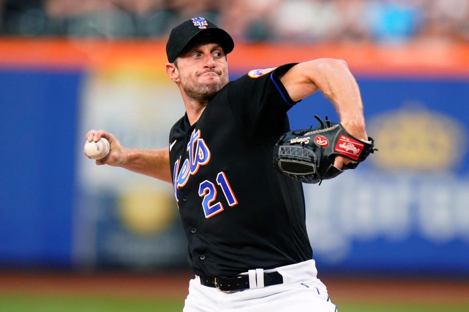 New York Mets' Max Scherzer pitches during the first inning of the team's baseball game against the San Diego Padres on Friday, July 22, 2022, in New York.