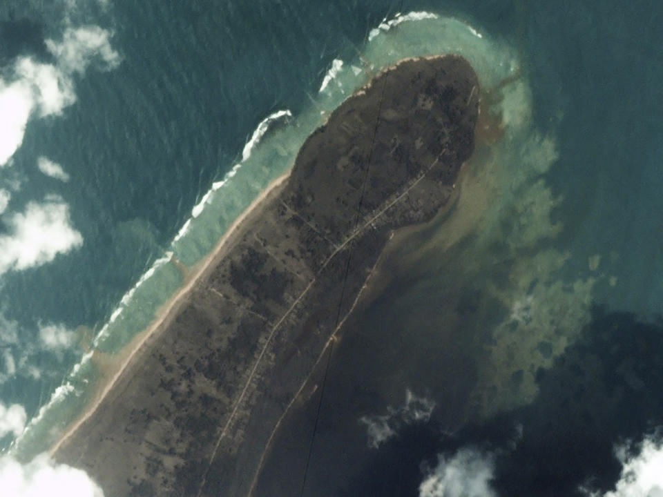 This satellite image provided by Planet Labs PBC, shows Kanokupolu in Tongatapu, Tonga on Jan. 16, 2022, after a huge undersea volcanic eruption. (Planet Labs PBC via AP)