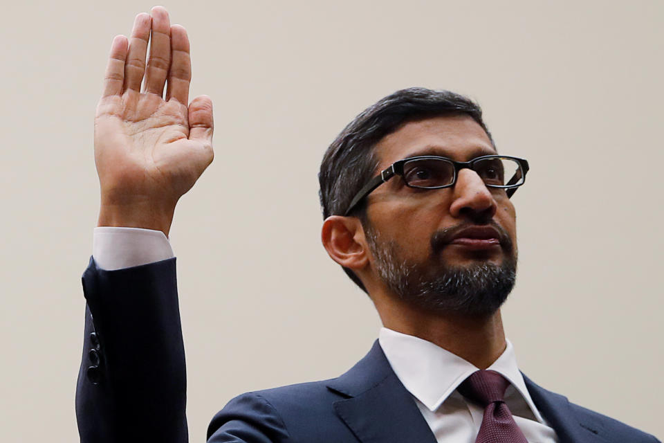 Google CEO Sundar Pichai is sworn in prior to testifying at a House Judiciary Committee hearing “examining Google and its Data Collection, Use and Filtering Practices” on Capitol Hill in Washington, U.S., December 11, 2018. REUTERS/Jim Young