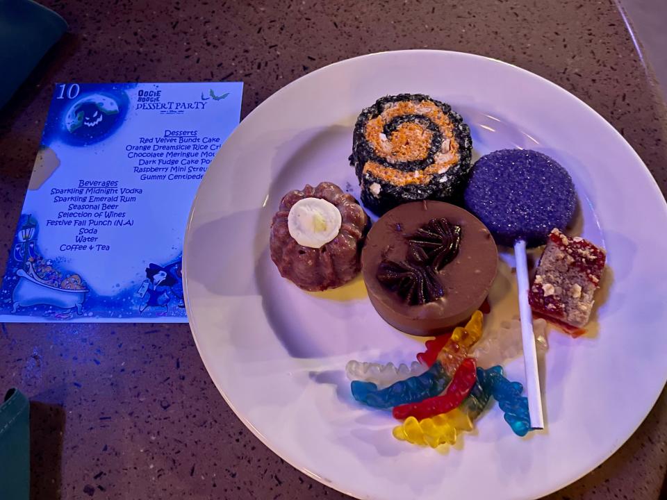 plate of desserts for the dessert party at oogie boogie bash disneyland