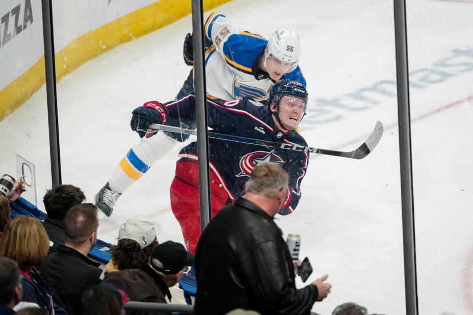 Dec 8, 2023; Columbus, Ohio, USA; Columbus Blue Jackets left wing Dmitri Voronkov (10) collides with St. Louis Blues defenseman Colton Parayko (55) during the second period of the NHL game at Nationwide Arena.