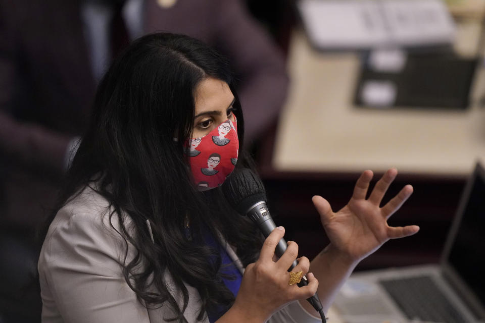 Florida Rep. Anna V. Eskamani speaks during a legislative session, Wednesday, April 28, 2021, at the Capitol in Tallahassee, Fla. (AP Photo/Wilfredo Lee)