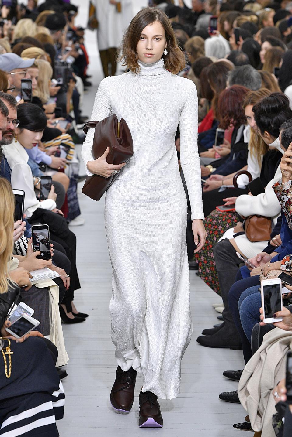 Melania Trump appeared at the annual Congressional Ball wearing a white sequined gown by Céline. The gown had first appeared on the brand's spring 2018 runway.