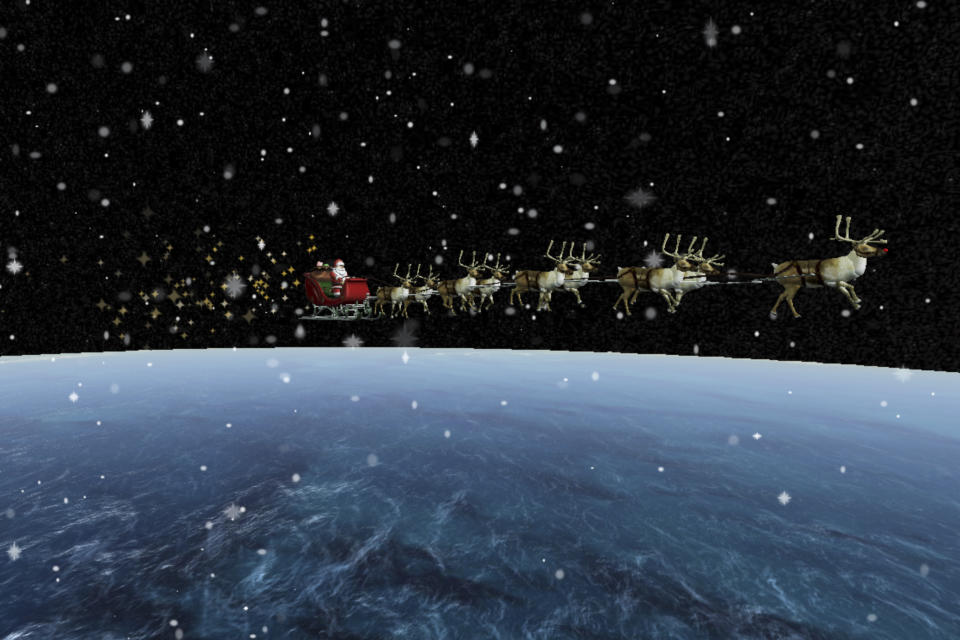 This image provided by NORAD shows NORAD's Santa Tracker. The U.S. military agency known for tracking Santa Claus as he delivers presents on Christmas Eve doesn’t expect COVID-19 or the “bomb cyclone” hitting North America to affect Saint Nick’s global travels. NORAD, the North American Aerospace Defense Command, is responsible for monitoring and defending the skies above North America. (NORAD via AP)