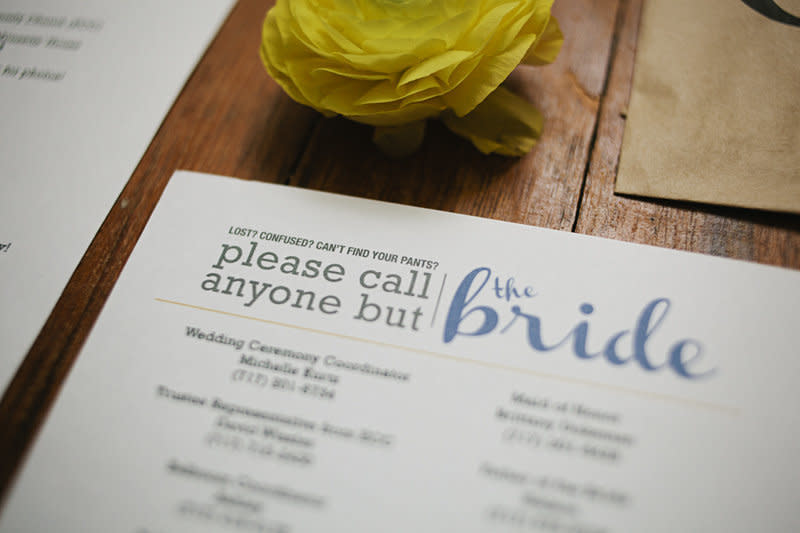 This way, guests and vendors don't have&nbsp;to bug&nbsp;you with last-minute questions.