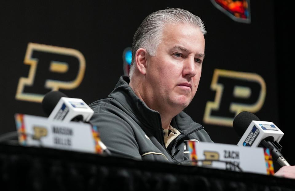 Purdue Boilermakers head coach Matt Painter answers questions during a press conference Sunday, April 7, 2024, ahead of the NCAA Men’s Basketball Tournament Final Four game against Connecticut Huskies at State Farm Stadium in Glendale, Ariz.