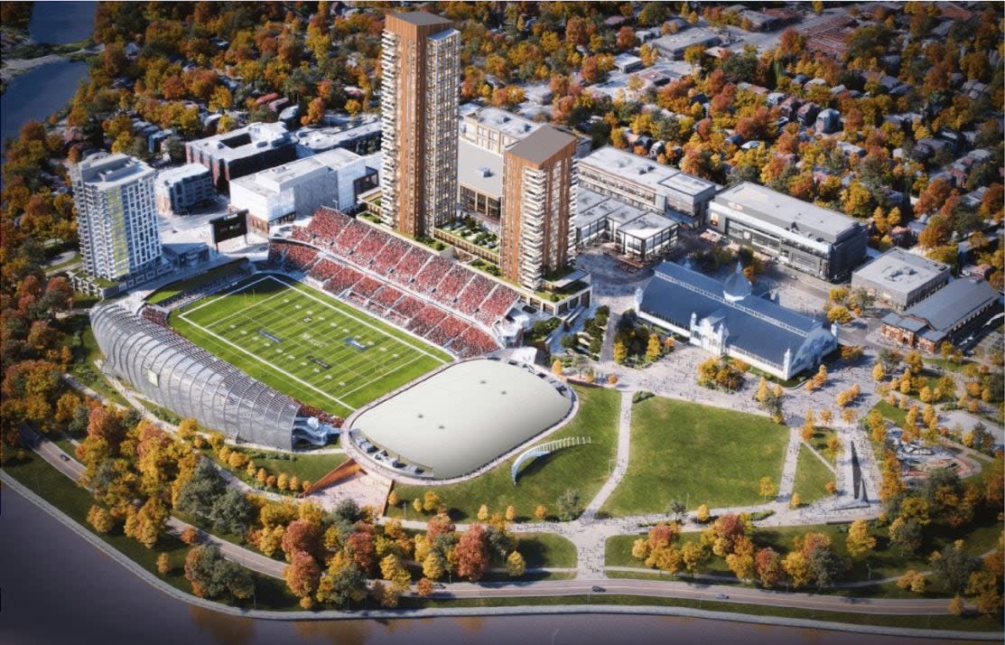 The latest vision for Lansdowne Park includes two residential towers instead of three, and no more green roof atop the relocated arena. Members of the finance and planning committee will debate the plan this week. (City of Ottawa - image credit)