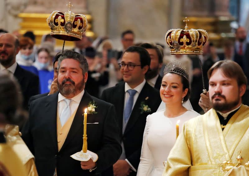 The wedding ceremony of Grand Duke George Mikhailovich Romanov and Victoria Romanovna Bettarini in Saint Petersburg