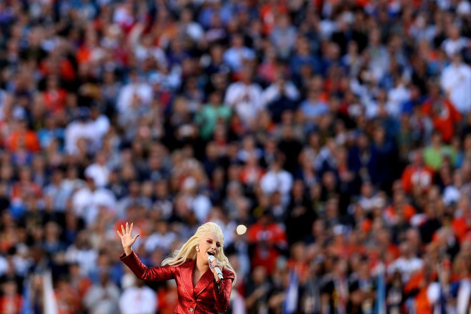 SANTA CLARA, CA - FEBRUARY 07:  Singer Lady Gaga performs during Super Bowl 50 between the Denver Broncos and the Carolina Panthers at Levi's Stadium on February 7, 2016 in Santa Clara, California.  (Photo by Patrick Smith/Getty Images)