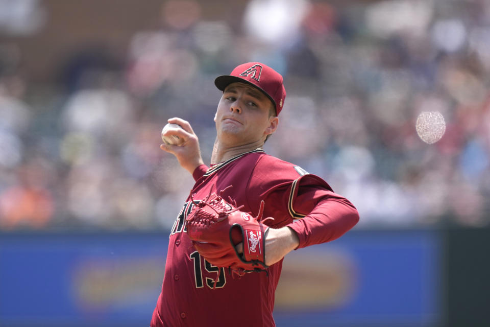 Arizona Diamondbacks starting pitcher Ryne Nelson throws during the first inning of a baseball game against the Detroit Tigers, Saturday, June 10, 2023, in Detroit. (AP Photo/Carlos Osorio)