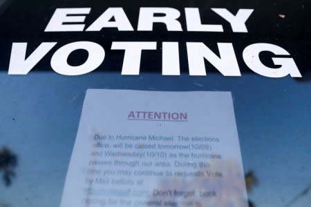 A sign about Hurricane Michael's effect on the midterm election hangs at the Gulf County Supervisor of Elections office in Port Saint Joe, Florida, U.S., October 18, 2018.   REUTERS/Terray Sylvester