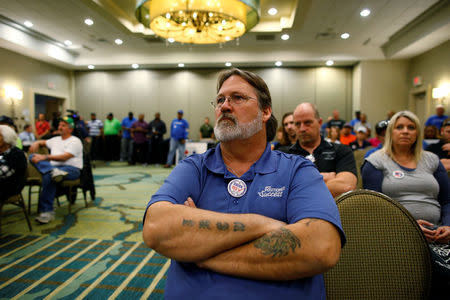 International Brotherhood of Electrical Workers representative James Hollman of Pineville, S.C., listens during a rally held by The International Association of Machinists and Aerospace Workers for Boeing South Carolina workers before Wednesday's vote to organize, in North Charleston, South Carolina, U.S. February 13, 2017. REUTERS/Randall Hill