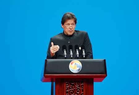 Pakistani Prime Minister Imran Khan delivers a speech at the opening ceremony for the second Belt and Road Forum in Beijing, China, April 26, 2019. REUTERS/Florence Lo