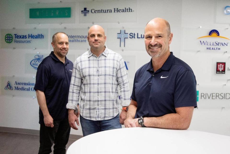 VisitPay founders, from left, Vince Martino, chief product officer; Nikolaus Trotta, chief operations officer; and CEO Kent Ivanoff, at the company’s office along the Boise River. VisitPay was sold Tuesday to Chicago company R1 RCM Inc. for $300 million.
