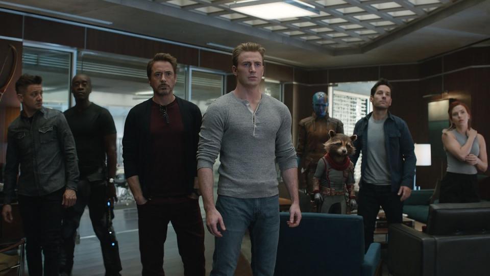 From left, Jeremy Renner, Don Cheadle, Robert Downey Jr, Chris Evans, Karen Nebula, Rocket Raccoon, Paul Rudd, and Scarlett Johansson, in Avengers: Endgame.