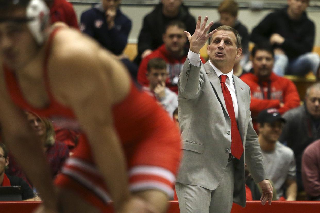 Ohio State head coach Tom Ryan yells at the referee during Ethan Smith, 174 lbs, match against Wisconsin Badgers at St. John Arena in Columbus on December 9, 2018. [Samantha Madar/Dispatch]