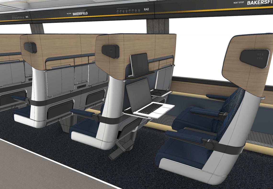 An artist’s rendering shows a concept for “comfort seating” aboard a future California high-speed train. Several different seating types are being considered as the California High-Speed Rail Authority prepares to seek bids from trainset manufacturers in the spring of 2024.