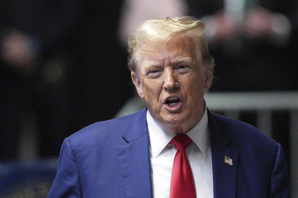 Former President Donald Trump speaks with reporters following the day's proceedings in his trial at Manhattan criminal court in New York, Friday, Friday, May 10, 2024. (Curtis Means/DailyMail.com via AP, Pool)