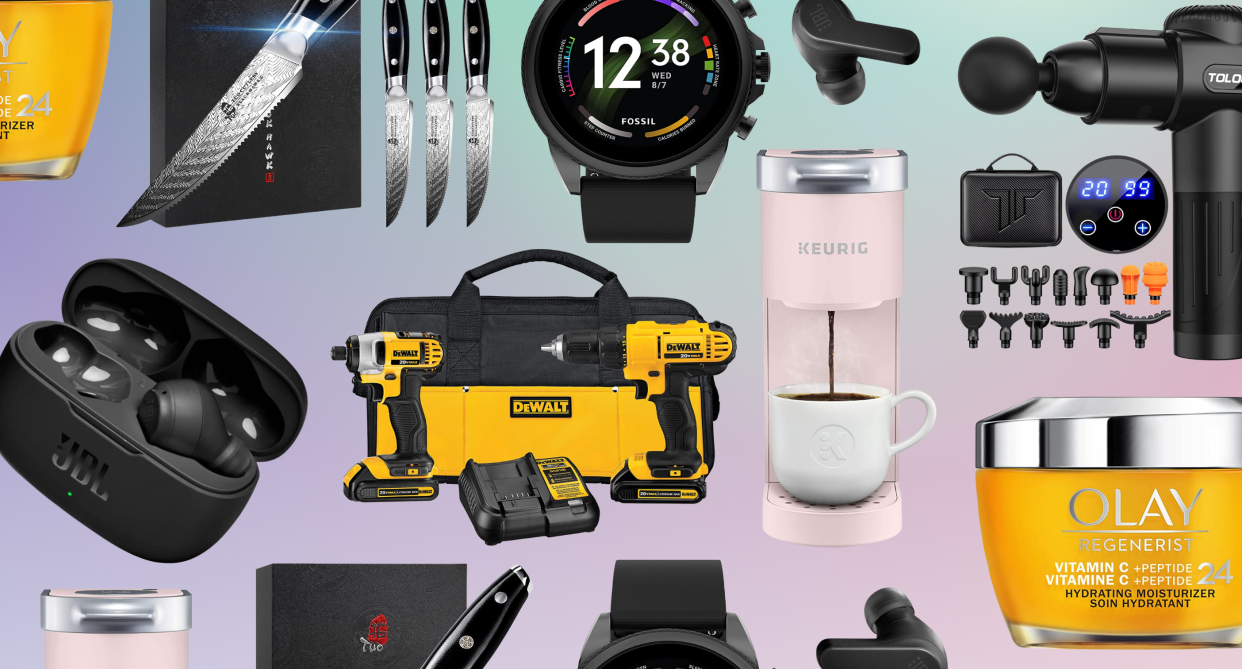 collage of amazon canada products: earbuds, smartwatch, keurig coffee machine, dewalt tools, olay face cream, massage gun 