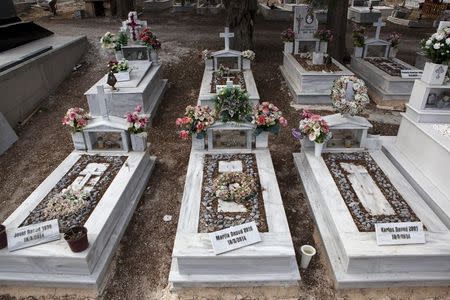 The graves of a Syrian Christian Orthodox family who drowned at sea during an attempt to cross a part of the Aegean Sea from the Turkish coast, are seen at the Saint Panteleimon cemetery of Mytilene, on the Greek island of Lesbos, October 7, 2015. REUTERS/Dimitris Michalakis