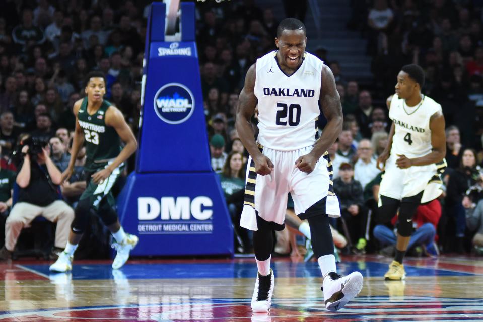 Dec 22, 2015; Auburn Hills, MI, USA; Oakland Golden Grizzlies guard Kay Felder celebrates first half against the Michigan State Spartans at The Palace of Auburn Hills.