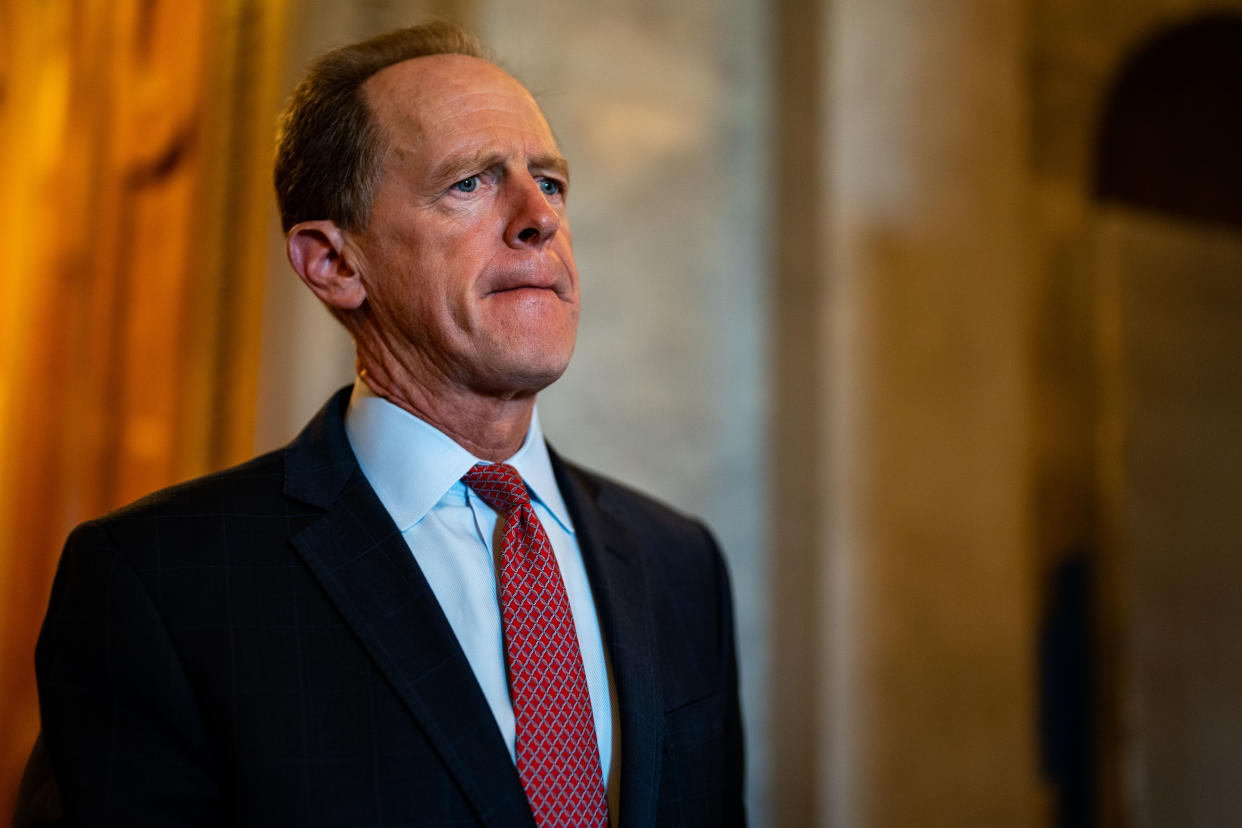WASHINGTON, DC - JULY 28: Sen. Pat Toomey (R-PA) exits the Senate Chamber following a vote on Capitol Hill on Thursday, July 28, 2022 in Washington, DC.  (Kent Nishimura / Los Angeles Times via Getty Images)