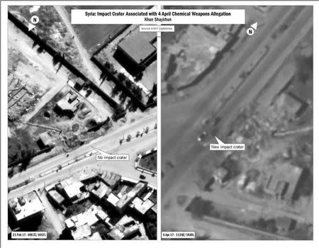 A combination image released by the U.S. Department of Defense which they say shows the impact crater associated with April 4, 2017 Chemical Weapons Allegation released after U.S. cruise missile strike against Syria on April 7, 2017. Courtesy U.S. DoD/Handout via REUTERS