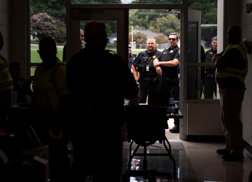 Law-enforcement officers prepare to participate in a two-day active-shooter training event with deputies from the Greenville County Sheriff's Office, school-resource officers, firefighters and about 250 educators at Sevier Middle School on Wednesday, August 3, 2022.