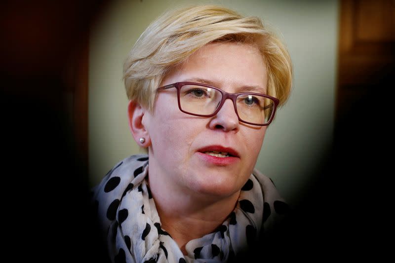 Presidential candidate Simonyte speaks to media during the first round of Lithuanian Presidential election in Vilnius