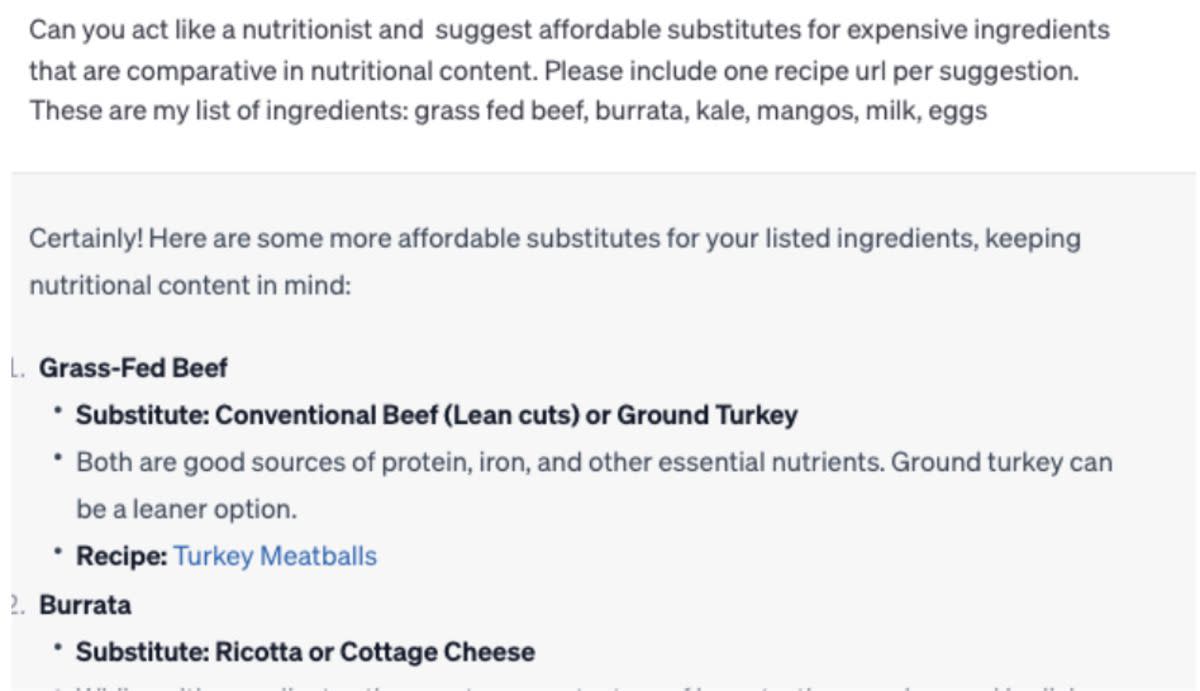 Screenshot of question asked to ChatGPT, 'Act like a nutritionist and suggest affordable substitutes for expensive ingredients'