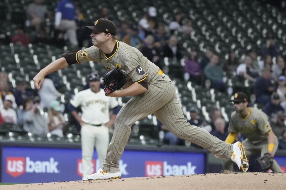 San Diego Padres' Michael King throws during the first inning of a baseball game against the Milwaukee Brewers Wednesday, April 17, 2024, in Milwaukee. (AP Photo/Morry Gash)