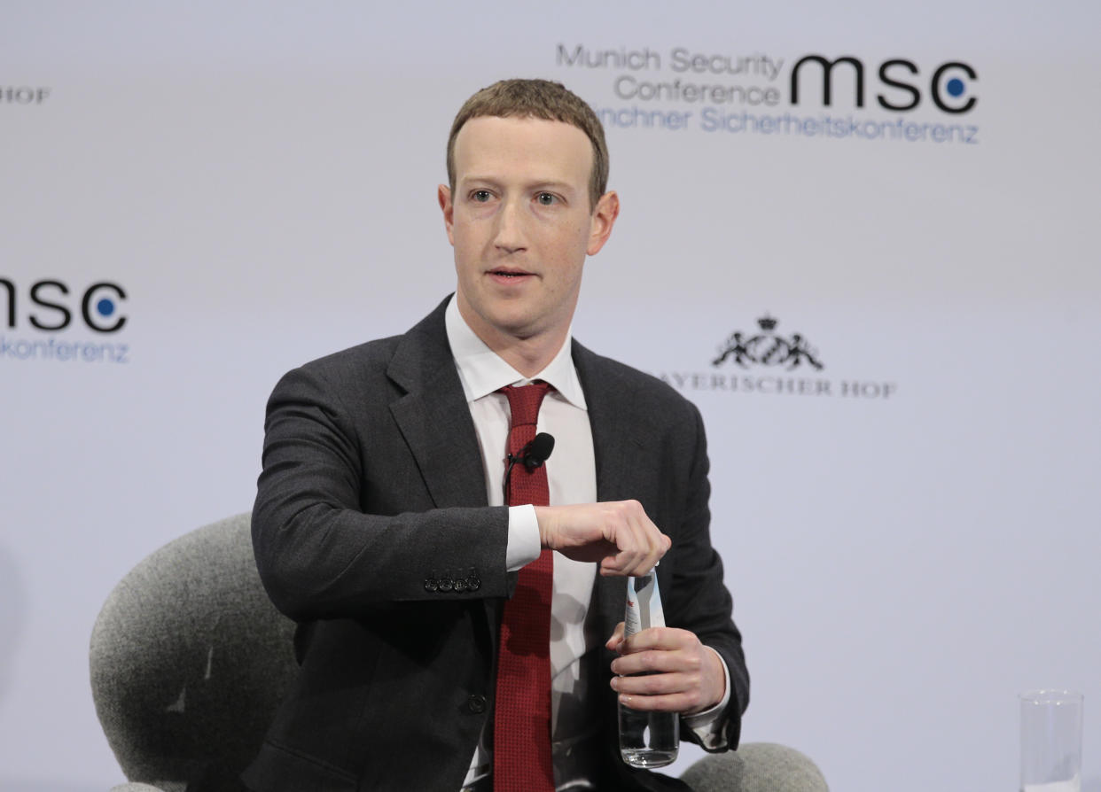 MUNICH, GERMANY - FEBRUARY 15: Founder and CEO of Facebook Mark Zuckerberg makes a speech as he attends the 56th Munich Security Conference at Bayerischer Hof Hotel in Munich, Germany on February 15, 2020. (Photo by Abdulhamid Hosbas/Anadolu Agency via Getty Images)
